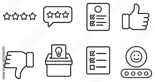 Feedback and review icons set in linear style. featuring star ratings, thumbs up, thumbs down, checklist, and ballot box