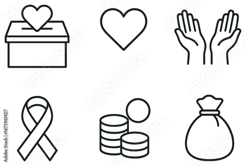 Charity and donation linear icon set. featuring donation box, heart, hands, ribbon, coins, and money bag symbols