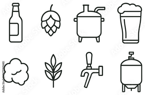 Brewery equipment linear icon set. featuring beer, hop, brewing, fermenter, glass, grain, tap, and tank symbols