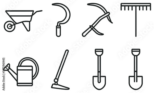 Gardening tools linear icon set. featuring wheelbarrow, sickle, scythe, rake, watering can, hoe, shovel