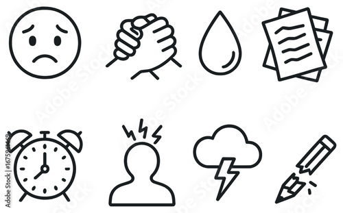 Emotions and tasks linear icon set. featuring sad face, teamwork, water drop, documents, alarm, stress, storm, pencil