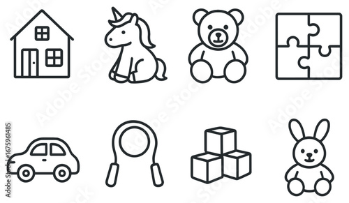 Toys and play flat icon set. featuring house, unicorn, teddy bear, puzzle, car, jump rope, blocks, rabbit