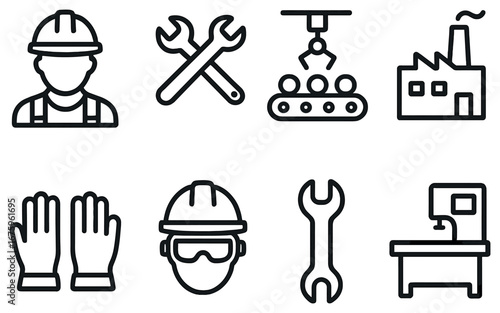 Industrial safety linear icon set. featuring worker, tools, factory, conveyor, hard hat, gloves, wrench, machine