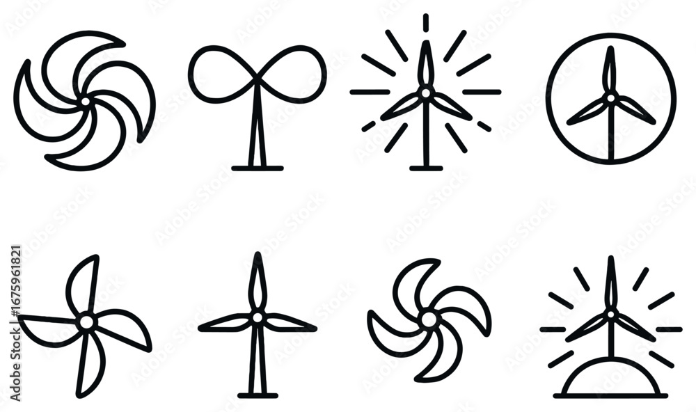 Fototapeta premium Renewable energy linear icon set. featuring wind turbines, windmill, propeller, eco-energy symbols