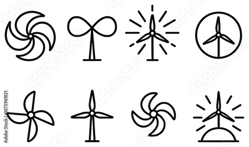 Renewable energy linear icon set. featuring wind turbines, windmill, propeller, eco-energy symbols