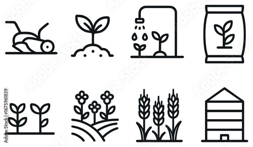 Agriculture linear icon set. featuring grasshopper, seedlings, irrigation, fertilizer, plants, flowers, wheat, silo