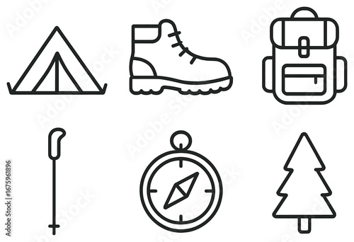 Camping equipment linear icon set. featuring tent, hiking boot, backpack, walking stick, compass, and tree