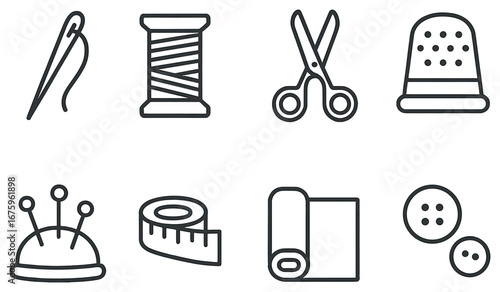 Sewing tools linear icon set. featuring needle, thread, scissors, thimble, pin cushion, tape measure, fabric and buttons