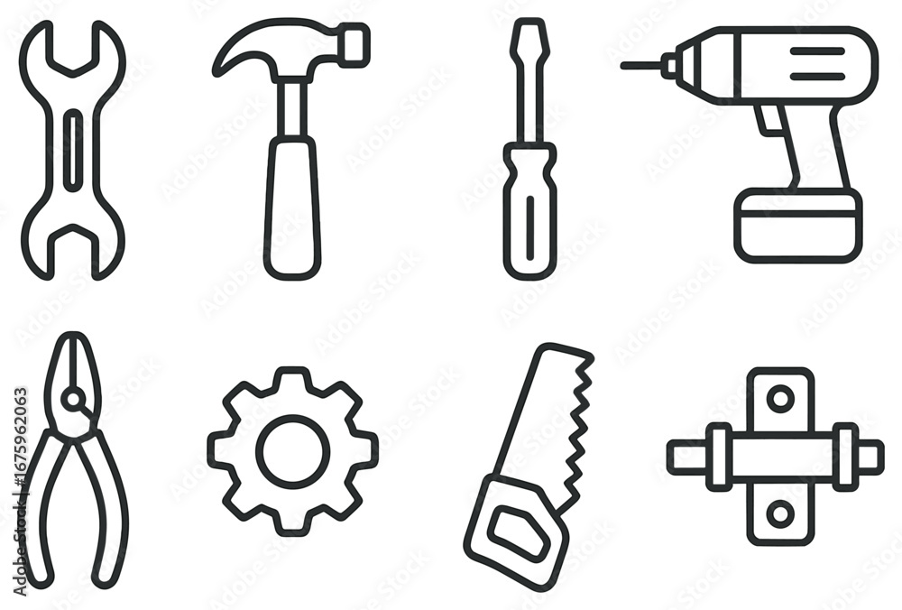 Tools linear icon set. featuring wrench, hammer, screwdriver, drill, pliers, gear, saw, and hinge symbols