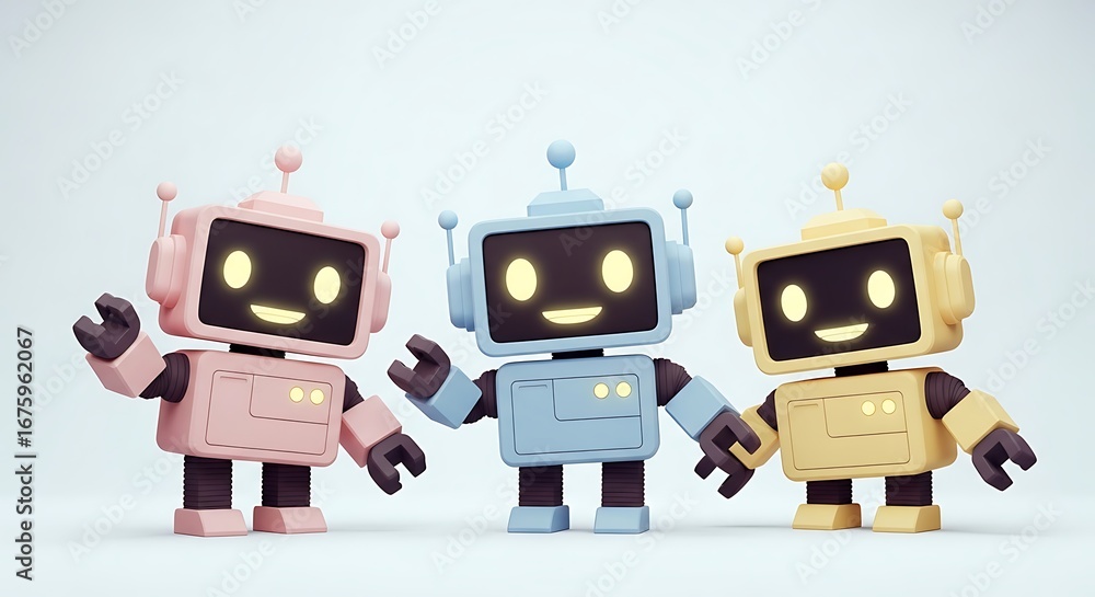 Fototapeta premium Three cute cartoon robots, one pink, one blue, and one yellow, waving cheerfully with glowing screens and friendly faces