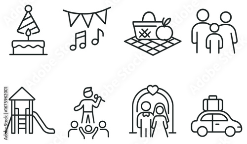 Family celebration linear icon set. featuring cake, decorations, picnic, family, playground, concert, wedding, travel