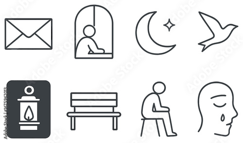Mental health awareness linear icon set. featuring email, reflection, night, bird, candle, bench, contemplation, sadness