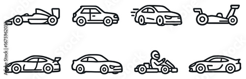 Racing cars linear icon set. featuring f1, hatchback, sports, kart, and dragster cars