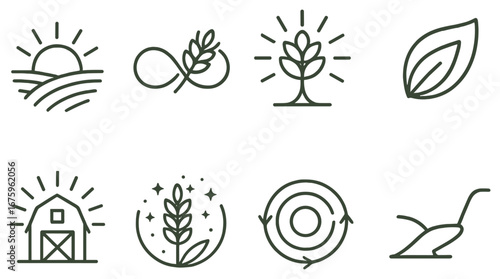 Agriculture linear icon set. featuring sun, infinity, tree, leaf, barn, wheat, cycle, plow symbols
