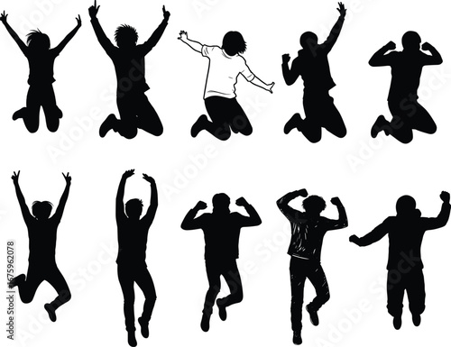 Silhouette vector of people jumping in excitement, joy, celebration, and energy with expressive body movements for active lifestyle illustrations.
