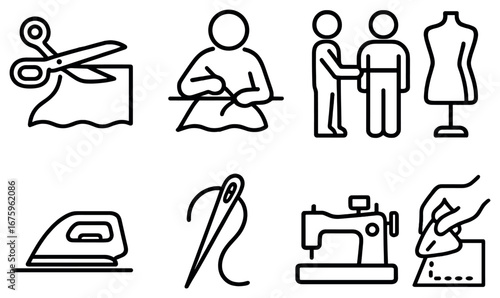 Tailoring and sewing linear icon set. featuring scissors, tailor, fitting, mannequin, iron, needle, sewing machine, hand stitch