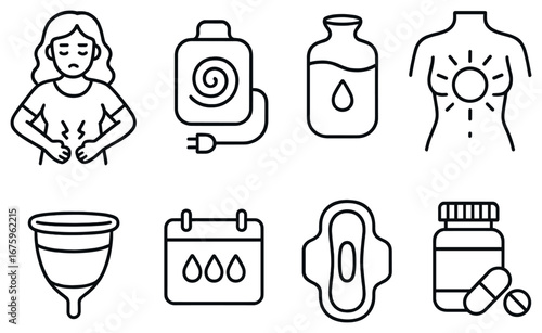 Menstrual health linear icon set. featuring cramps, heating pad, bottle, body, menstrual cup, calendar, pad, pills