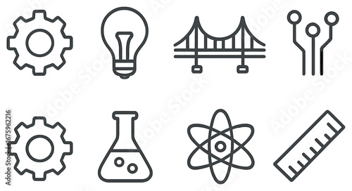 Science and technology linear icon set. featuring gear, lightbulb, bridge, circuit, flask, atom, ruler symbols