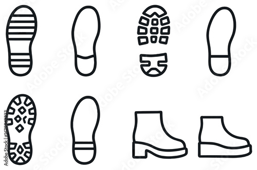 Footwear linear icon set. featuring shoe, boot, sandal, sneaker, slipper, heel, loafer, oxford, moccasin, sole symbols