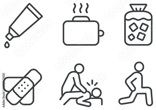 First aid linear icon set. featuring cream, hot water bottle, bandage, cpr, exercise symbols