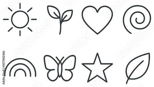 Nature and weather linear icon set. featuring sun, leaf, heart, spiral, rainbow, butterfly, star