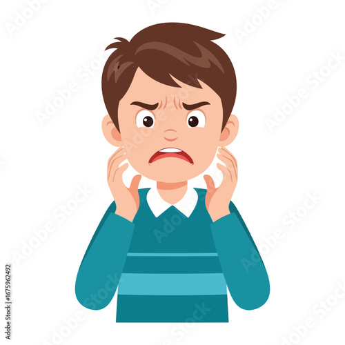 Confused Boy Scratching Face: A young boy, portrayed with animated clarity, exhibits a bewildered expression, clutching his face in a gesture of confusion and scratch.