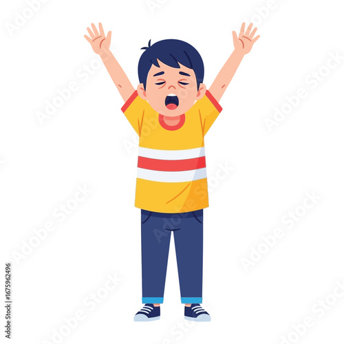 Sleepy Boy's Morning Stretch: A young boy stretches awake, yawning as he welcomes a new day, with bright colors, creating a sense of freshness and optimism.