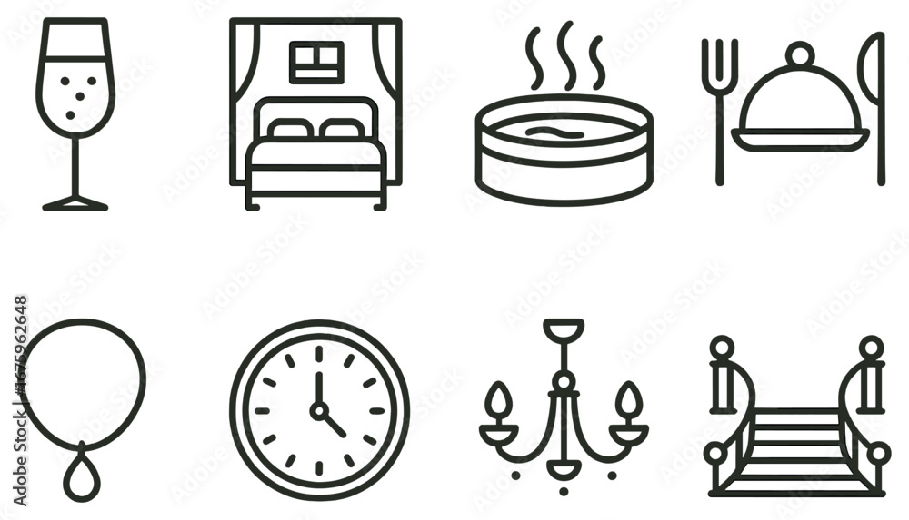 Fototapeta premium Hospitality and leisure linear icon set. featuring wine, bed, hot tub, dining, balloon, clock, chandelier, stairs