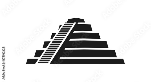Stylized Black and White Icon of a Stepped Pyramid with Staircase.