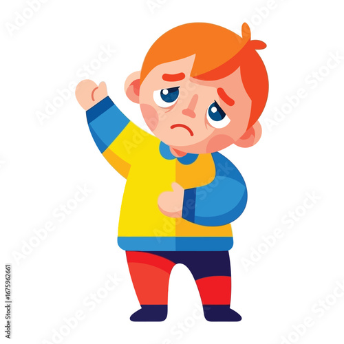 Sad Child's Expression: A dejected boy conveys a profound sense of sorrow, his tearful eyes and slumped posture reflecting an internal struggle with sadness and dejection.