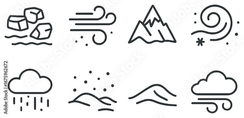 Weather linear icon set. featuring snow, wind, mountain, cloud, rain, and wave symbols