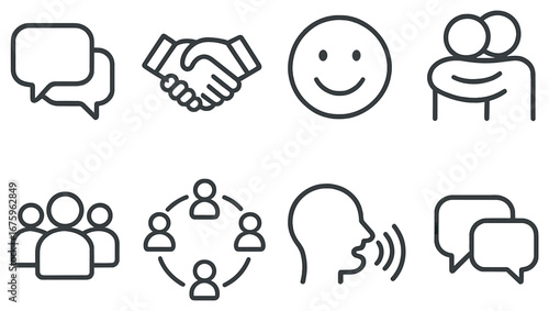 Communication linear icon set. featuring chat, handshake, smiley, hug, group, network, speech, talk symbols