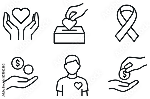 Charity and donation linear icon set: heart, box, ribbon, coins, volunteer