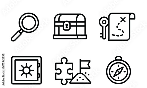 Adventure and treasure hunt linear icon set. featuring magnifying glass, chest, map, safe, puzzle, compass