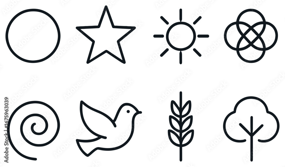 Fototapeta premium Nature and ecology linear icon set. featuring circle, star, sun, infinity, spiral, bird, wheat, tree