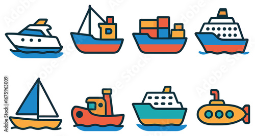 Maritime transport 3d icon set. featuring yacht, cargo ship, sailboat, and submarine.