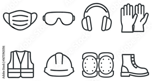 Safety equipment linear icon set. featuring mask, goggles, earmuffs, gloves, vest, helmet, pads, boots