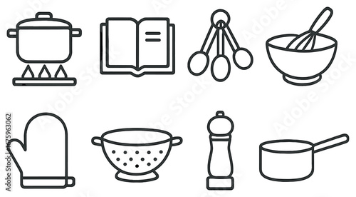 Cooking essentials linear icon set. featuring pot, recipe book, measuring spoons, whisk, oven mitt, colander, pepper grinder, saucepan