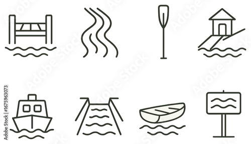 Maritime linear icon set. featuring bridge, river, paddle, boathouse, boat, canal, dock, sign