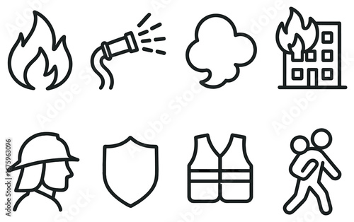 Fire safety linear icon set. featuring fire, hose, smoke, building, firefighter, shield, vest, safety