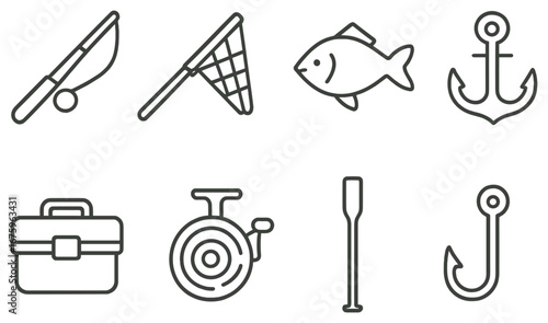 Fishing gear linear icon set. featuring rod, net, fish, anchor, tackle, reel, oar, and hook symbols