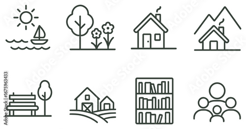 Home and outdoors linear icon set. featuring beach, garden, house, mountains, park, farm, library, community