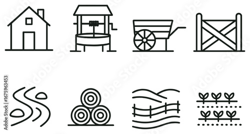 Farming elements linear icon set. featuring house, well, cart, gate, river, hay, fence, and crops symbols