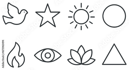 Spiritual symbols linear icon set. featuring dove, star, sun, circle, flame, eye, lotus, triangle
