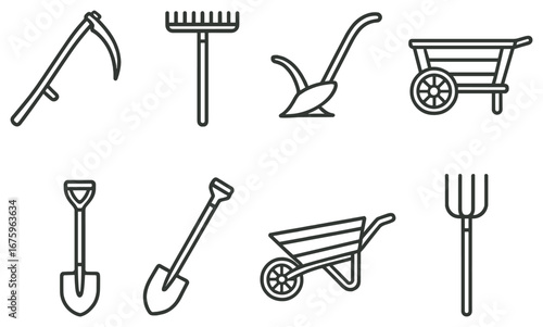 Farming tools linear icon set. featuring scythe, rake, plow, wheelbarrow, shovel, and pitchfork symbols