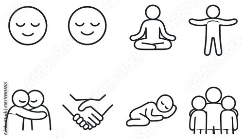 Mindfulness and wellbeing linear icon set. featuring smile, meditation, hugging, handshake, sleep, and group symbols