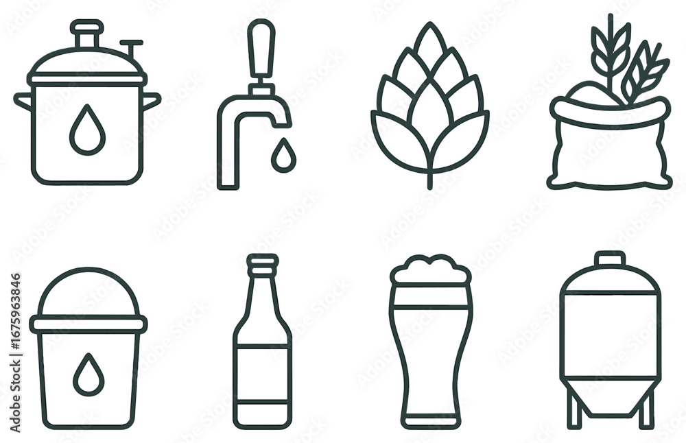 Fototapeta premium Brewery and beer linear icon set. featuring brewing, tap, hops, grain, bucket, bottle, glass, and tank symbols