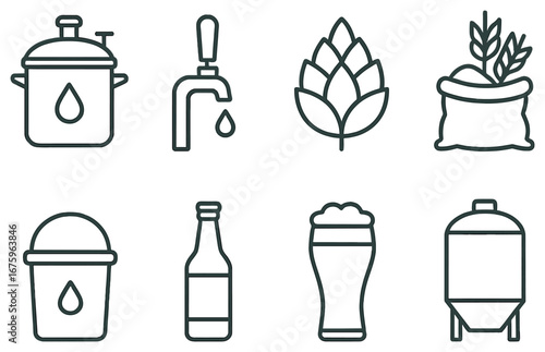Brewery and beer linear icon set. featuring brewing, tap, hops, grain, bucket, bottle, glass, and tank symbols