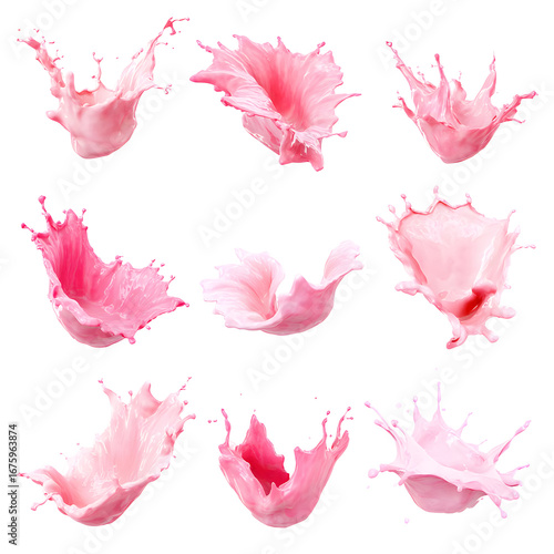 Strawberry milk splash collection on black background creates a dynamic display
