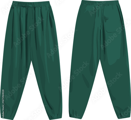 Green jogger pants front and back technical fashion vector illustration with elastic waistband, ankle cuffs, and single back pocket"